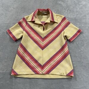 Vintage Perception Polo Top Women Medium Yellow Pink Collared Y2K Vintage